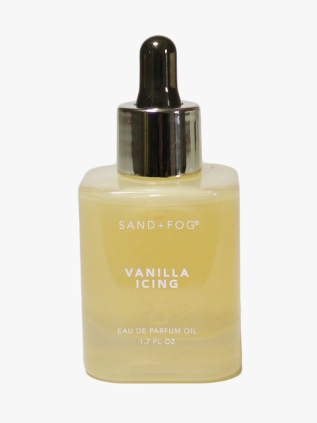 Sand + Fog Vanilla Icing Perfume Oil Dropper in branded dropper component on a light gray background